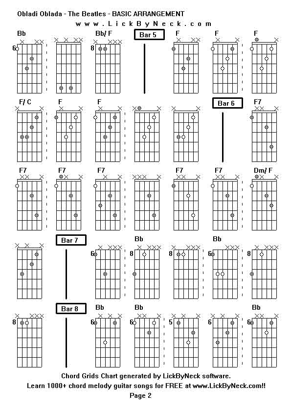 Chord Grids Chart of chord melody fingerstyle guitar song-Obladi Oblada - The Beatles - BASIC ARRANGEMENT,generated by LickByNeck software.